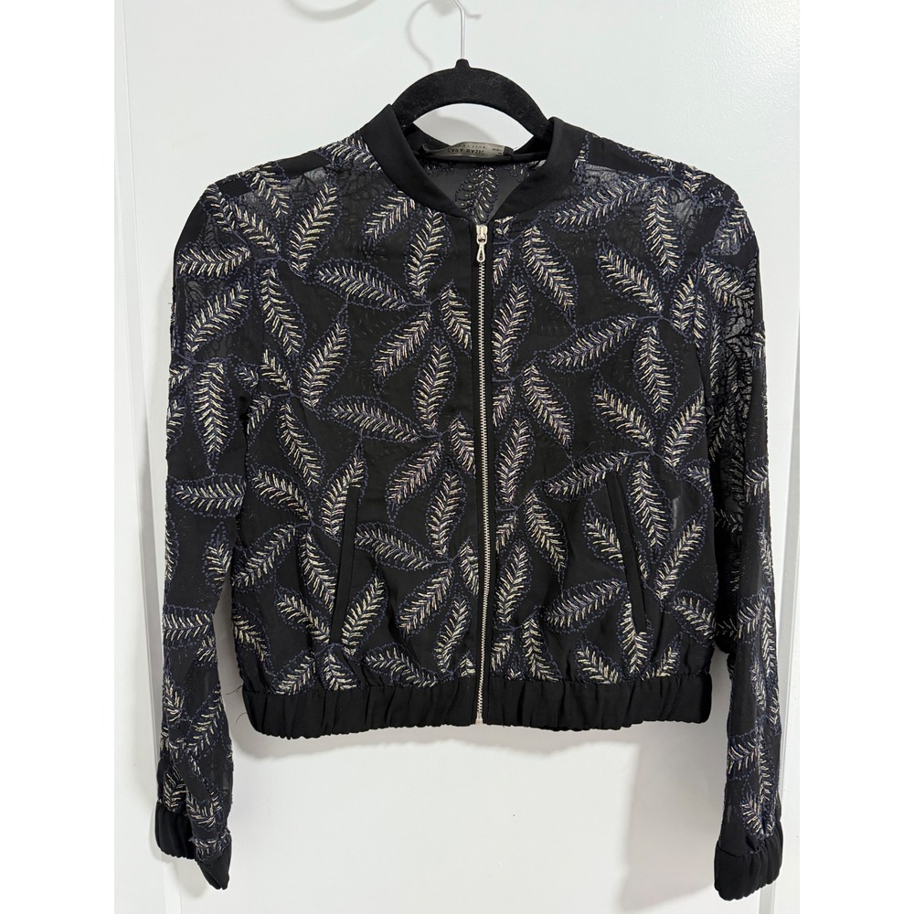 Zara Basic Collection Bomber Jacket Black Leaf‎ P… - image 3
